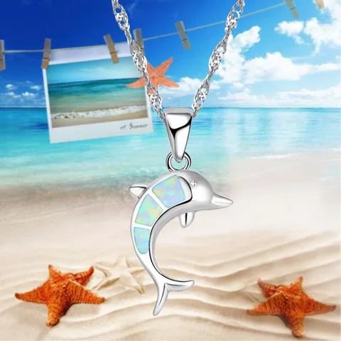 Silver Color Blue Fake Fire Opal Dolphin Necklace Pendant Jewelry, Suitable For Party Accessories Ladies Necklace Jewelry
