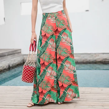 

Summer 2020 With Pockets Holiday Bohemian Waist Belt Tropical Print Wide Leg Pants Slim All-match Slacks Female Pants A11F