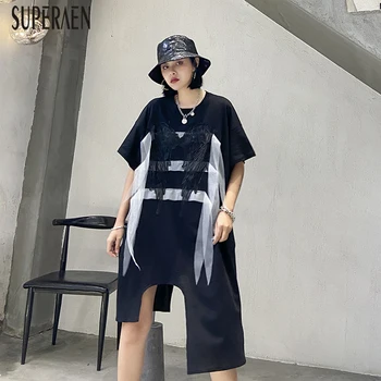 

SuperAen Europe Fashion Dress Female 2020 New Summer Cotton Women Dress Short Sleeve Casual Irregular Women Clothing