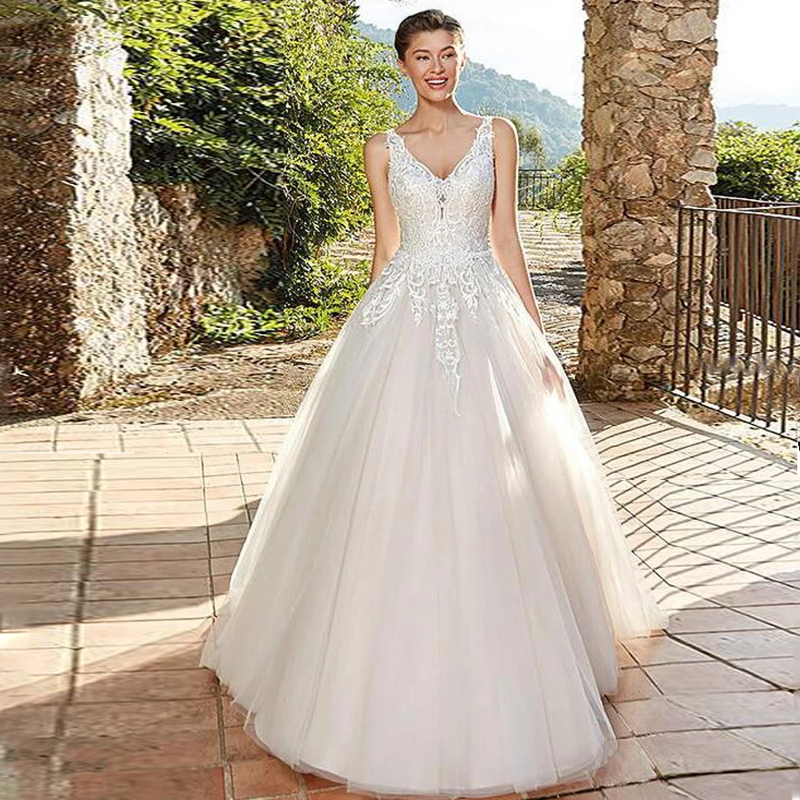 

vestido de noiva V-neck Sleeveless Lace Applique Tulle A-line Wedding Dress Button Sweep Train Floor Length Bridal Dress