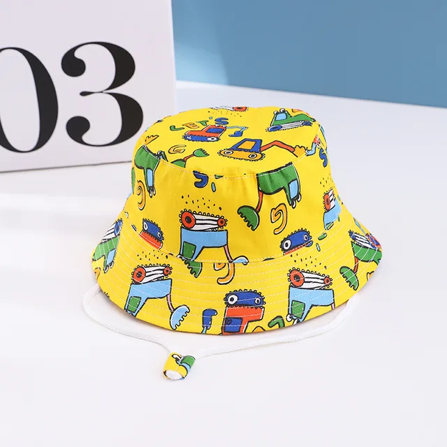 Summer Children Cotton Cartoon Bucket Cap For Boys Printing Floral Baby Girls Sun Hat Flower Kids Bonnet yellow digger