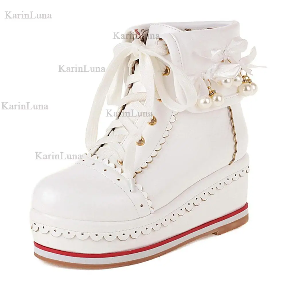 Brand Design High Quality Sweet Cute Platform Lolita Boots Lace-up Cosplay Brogue Sneakers Wedges Ankle Boots Big Size 33-48 