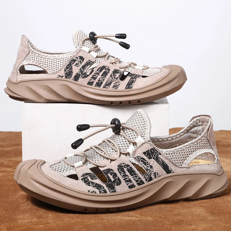 Men's Sandals New Fashion Breathable Leisure Beach Summer Men Shoes High Quality Leather Mesh Splicing Sandals Size 38-48