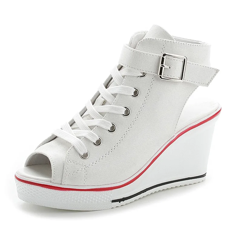 peep toe white Новинка года; Модные женские высокие парусиновые кроссовки; обувь на танкетке; женские джинсовые ботильоны на шнуровке; женская парусиновая обувь - Цвет: peep toe white