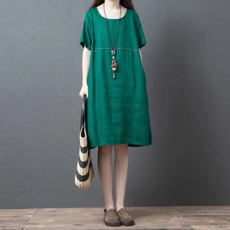 

Summer New Style 2019 Korean-style Loose And Plus-sized WOMEN'S Dress Solid Color Crew Neck Dress