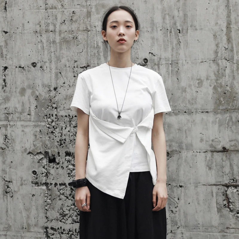 [EAM] новая весенне-летняя свободная футболка с круглым вырезом, коротким рукавом, белым подолом и асимметричным подолом, Женская мода JR497