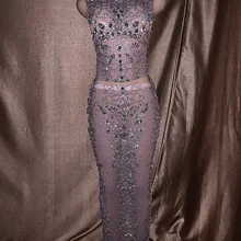 Women Sexy Rhinestones Boycon Strech Dance Show Dress Birthday Party Celebrate See Through Perspective Evening Dresses Costumes