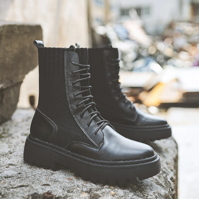 

MONMOIRA Patchwork Knitting Ankle Boots for Women Lace up Martin Boots Women Black Punk Designer Platform Boots Women SWE0698