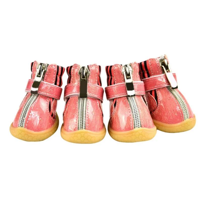 Светоотражающая обувь из искусственной кожи для собак; модная обувь для маленьких щенков среднего размера; сезон осень-зима; нескользящая теплая обувь - Цвет: Розовый