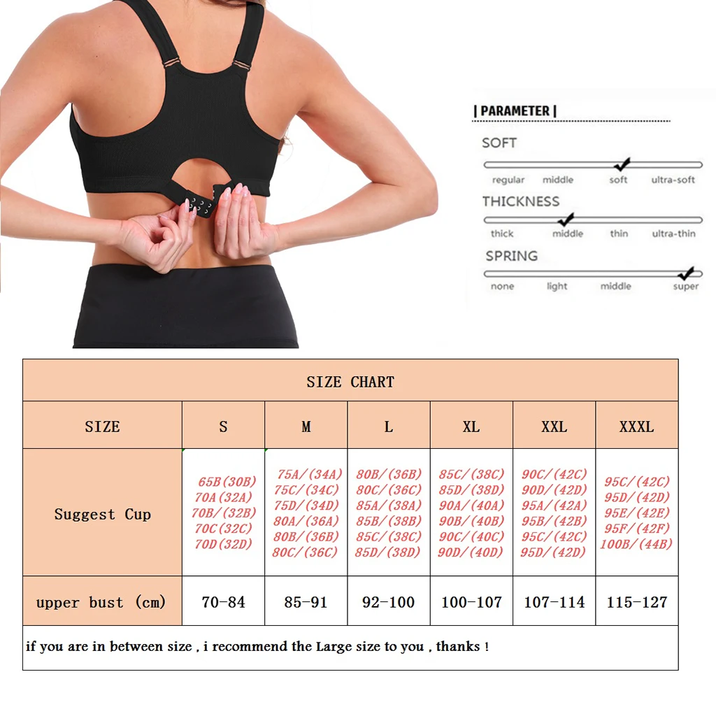 Womens Front Zip Sport Bra High Impact Support Workout Yoga Shock Absorber Adjustable Straps Push Up Bra Seamless Fitness