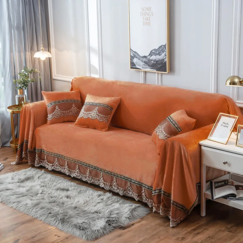 Dark orange Европейские Роскошные 1/2/3/4-seater для диванов одноцветное Цвет Универсальный диван Полотенца с кружевной вышивкой все включено пылезащитный чехол для дивана - Цвет: Dark orange