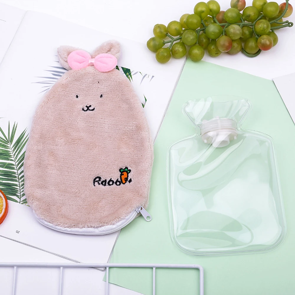 Reusable Hot Water Bottle PVC Hand Warmer Pain Relief Therapy Washable Hot Water Bag Cartoon Cute Rabbit Soft Cozy Cover Winter