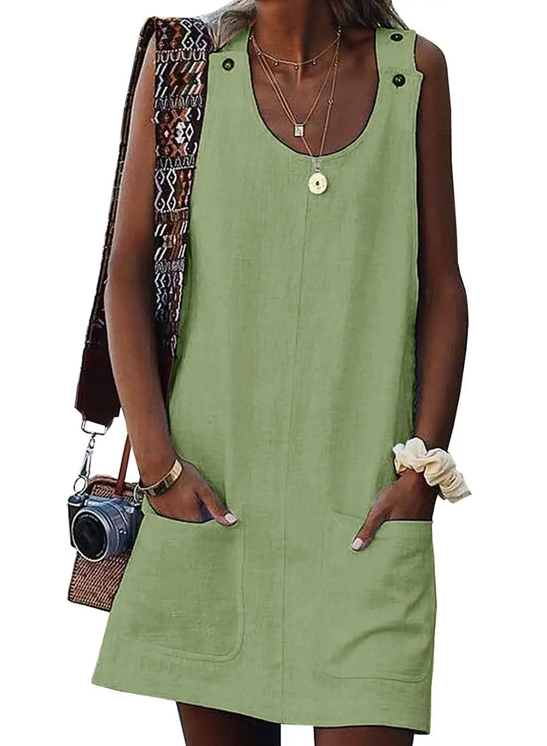 

Women's Sleeveless Button Dress Crew Neck Casual Mini Shift Dress with Pocket