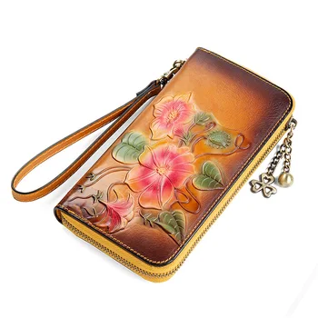 

2020 New Retro Handmade Embossing Genuine Leather Luxury Hand Wallet Multifunctional Antimagnetic Retro Women's Long Wallet