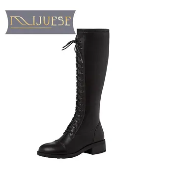 

MLJUESE 2021 women Knee-High boots Cow leather winter short plush Round Toe Lace-Up Med heels female Motorcycle boots size 39