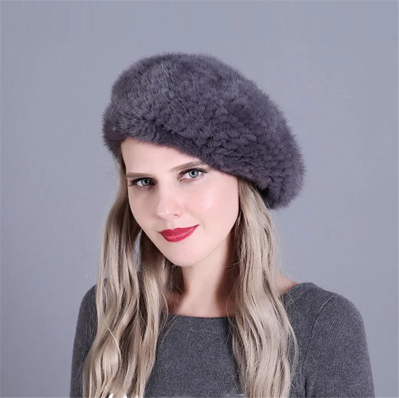 Dark gray Хит, зима, осень, женский берет из меха норки, шапка для девочки, вязаная шапка, модная, однотонная, много цветов на выбор - Цвет: Dark gray