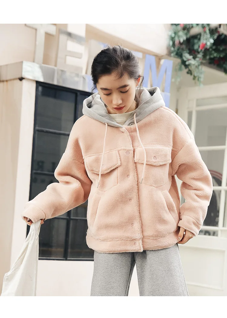 Harajuku плюшевая прошитая Женская толстовка в Корейском стиле с капюшоном и длинным рукавом, однобортная Женская толстовка для отдыха, теплая зимняя женская толстовка