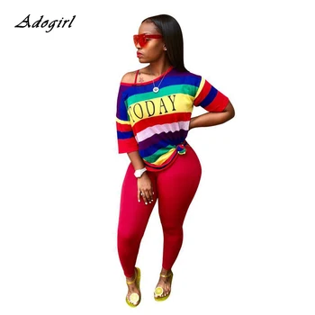 

Casual Rainbow Striped Letter Print Two Piece Set Spring Summer Sport O Neck Hoodie Top with Leggings Red Tracksuit Women Outfit