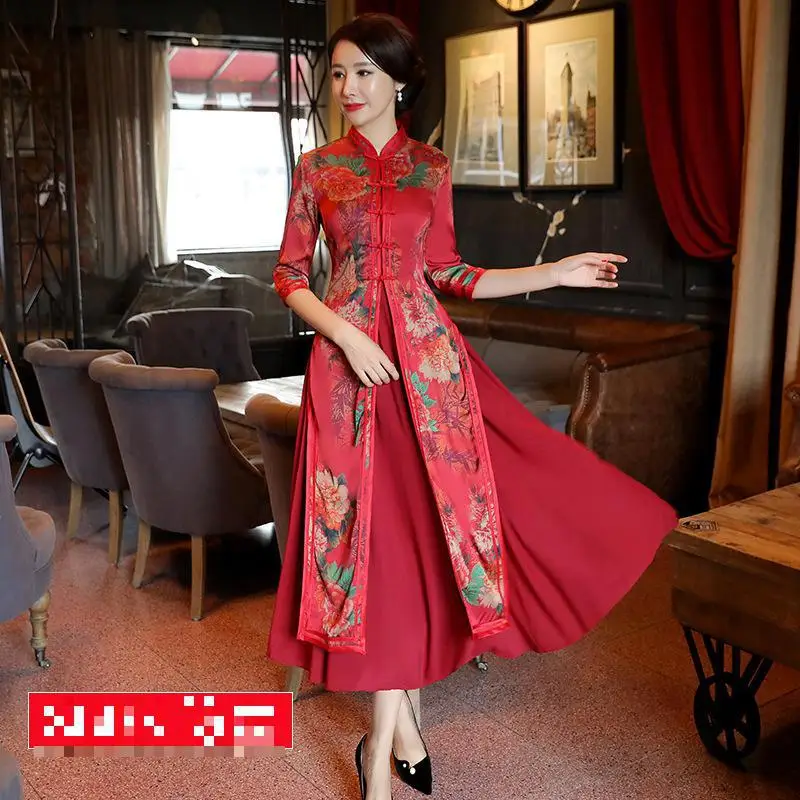 Элегантное китайское традиционное Qipao Восточное женское сексуальное свадебное платье атласное Cheongsam большого размера 3xl 4xl с цветочным принтом Vestidos - Цвет: Red B