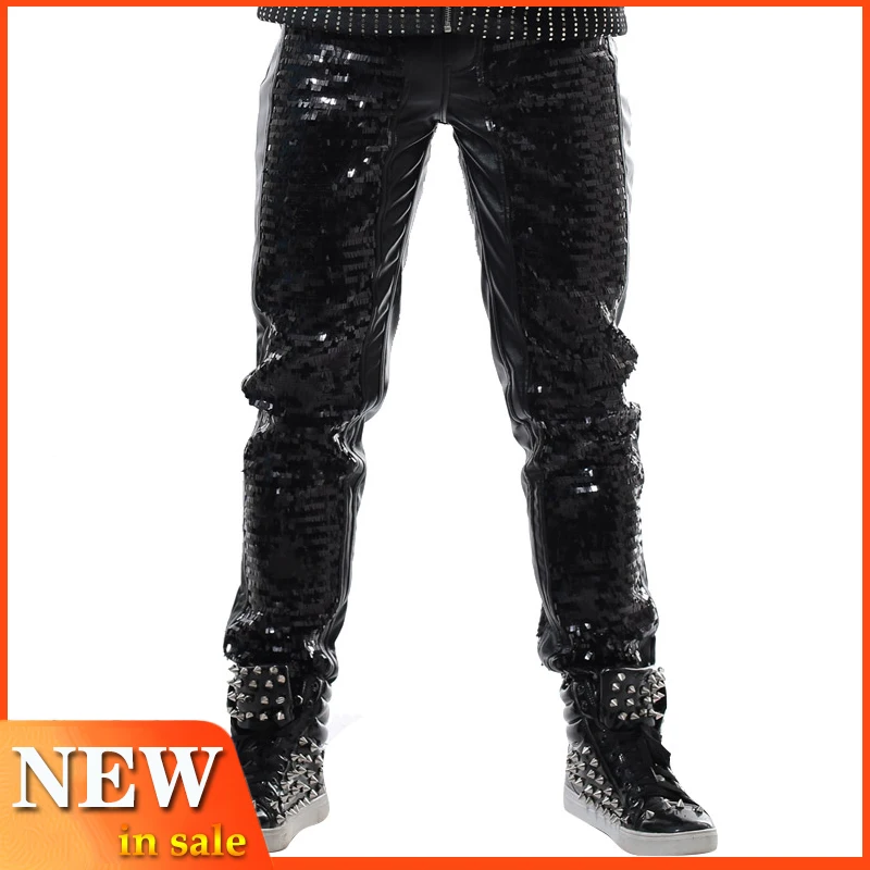 Новинка, мужские кожаные штаны, джазовый танец, рок, бар, ГОГО, костюм танцоров, певица, сценическая одежда, черные штаны в стиле хип-хоп с блестками, одежда для диджея BL2217