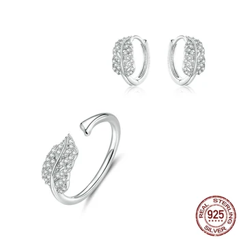 

925 Silver Sterling Jewelry Sets Leaf Open Finger Rings and Hoop Earrings for Women Female 2019 New Bijoux