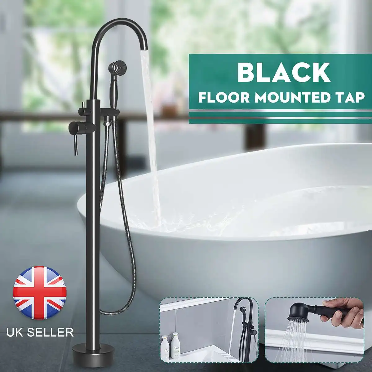

Black Standing Bathroom Tub Faucet Tub Floor Mount Double Handle Bathtub Mixer Taps Portable 360Rotation Bathtub Shower Sprayer