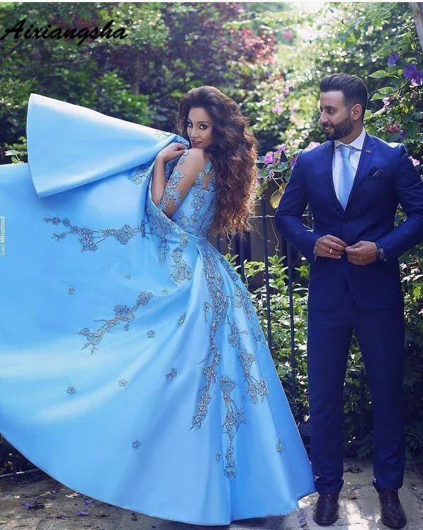 

Blue Muslim Evening Dresses 2019 Lace Off the Shoulder Islamic Dubai Kaftan Saudi Arabic Long Evening Gown Prom Dress