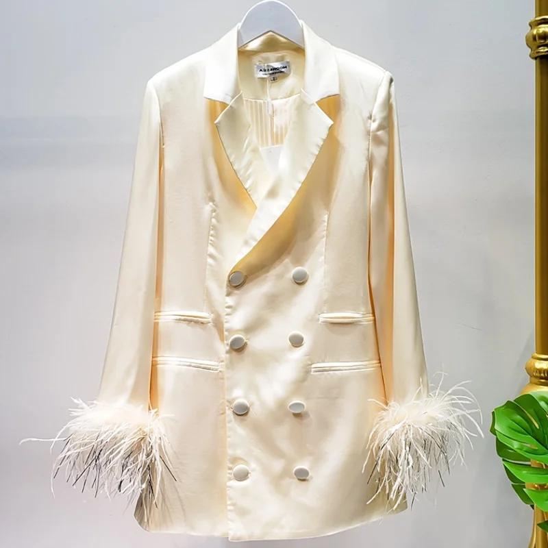 2019 Spring and Autumn New Fashion Commuter Women's Long Suit Long Sleeve Tassel Double Breasted Coat Plus Size Women Blazer