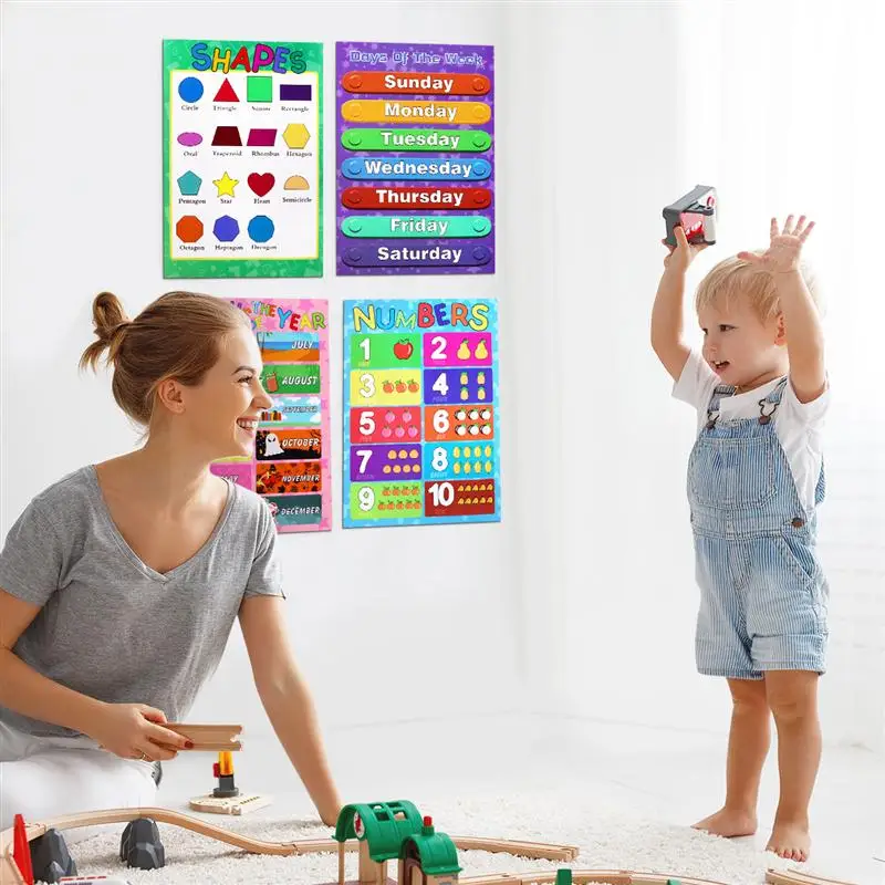 10pcs Educational Preschool Posters Charts Farm Animals Seasons Weathers Alphabet Months Days for Toddlers Kids Home Decoration