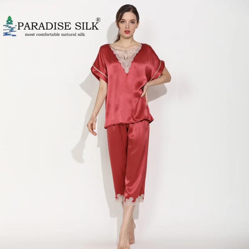 

Womens Silk Pajamas Set 100% Natural Silk Sexy Short-Sleeved Pants Two-Piece Suit Summer Lounging Wear Size M L XL XXL