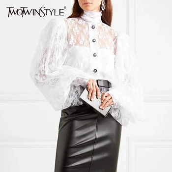 

TWOTWINSTYLE Casual Lace Women Blouse Lace Up Bow Collar Lantern Long Sleeve Loose Perspective Shirt For Female Fashion Clothing