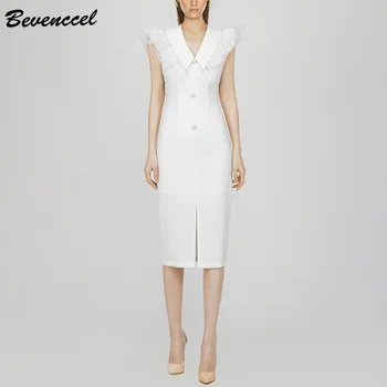 

Bevenccel 2020 New Arrival White Butterfly Sleeve V Neck Women Summer Dress Sexy Lace Buttons Split Bodycon Evening Party Dress