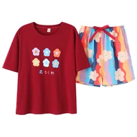 Women's Pajamas Cotton Sleepwear Red Summer Pajama Cute Flower Print Home Suit For Women Rainbow Colors Shorts 2 Piece Pjs 2021