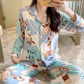

2020 New Autumn Winter Sleepwear 2 Piece Sets For Women's Pajamas -down Collar cute Cotton long sleeve pants sleep tops Set
