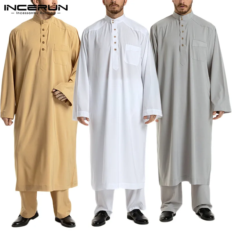 INCERUN-conjuntos para hombre musulmanes de manga larga, conjunto de caftán árabe islámico, 2 piezas