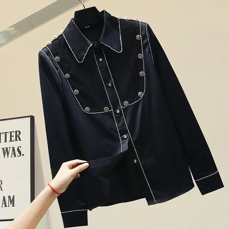 

Black Shirt Women Hot Drilling Long-Sleeve Shirt Women's Spring Autumn White Blouse Women Blusa Feminina 2020