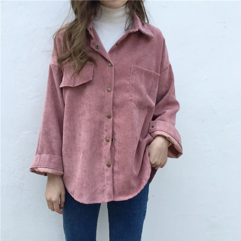 

Harajuku Corduroy Loose Shirts Women Fashion Preppy Wide Waist Turn Down Collar Blouse Female Solid Color Overcoats Tops Autumn