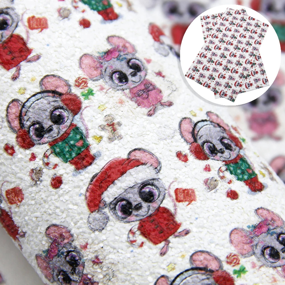 

20*34cm Chunky Glitter UV printing Synthetic Leather Fabrics for Patchwork Cartoon Mouse Leather DIY Handmade Materials,1Yc8824