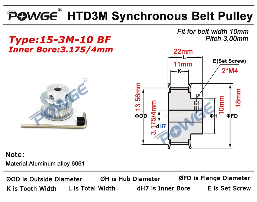POWGE 15 зубы HTD 3 м Синхронный шкив Диаметр 3,175/4/5/6/6,35/7 Plus/8 мм для Ширина 10 мм 3 м с зубчатым ремнем HTD3M привод со шкивами 15 T 15 зубы
