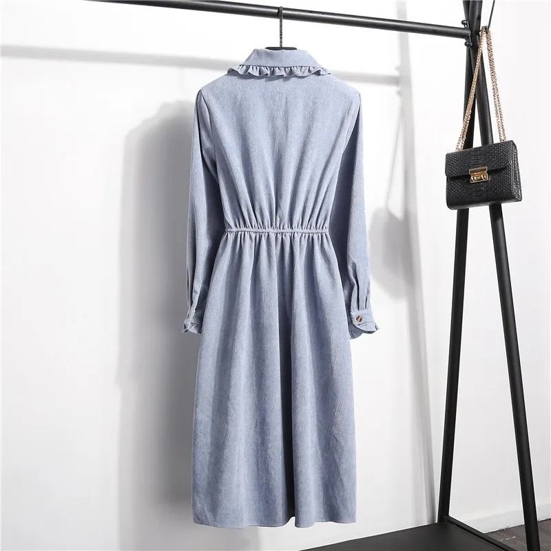 Auumn winter dress women long-sleeved ruffled bow corduroy dress french style vintage elastic waist single-breasted dress female