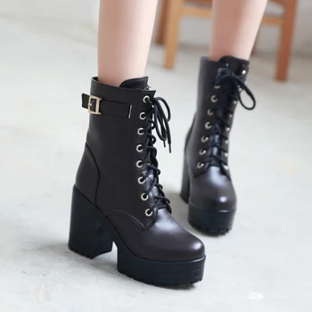 

lace-up ankle boots women martin boots new waterproof platform high heel women's boots plus size 35-43 women shoes