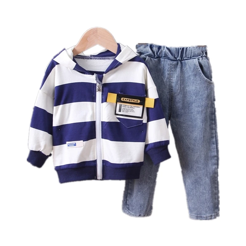 New Spring Autumn Children Casual Clothes Baby Boys Girls Striped Hoodie Jeans Pants 2Pcs/sets Kids Infant Fashion Tracksuit | Детская