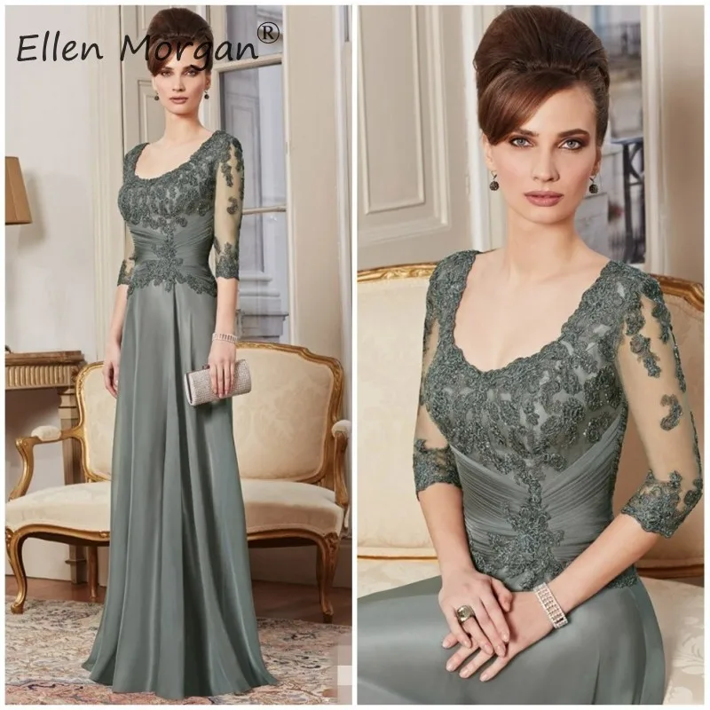 

Chiffon Long Mother of the Bridal Groom Dresses 2019 for Wedding Party 3/4 Long Sleeves Lace Pleated Beaded Formal Evening Gowns