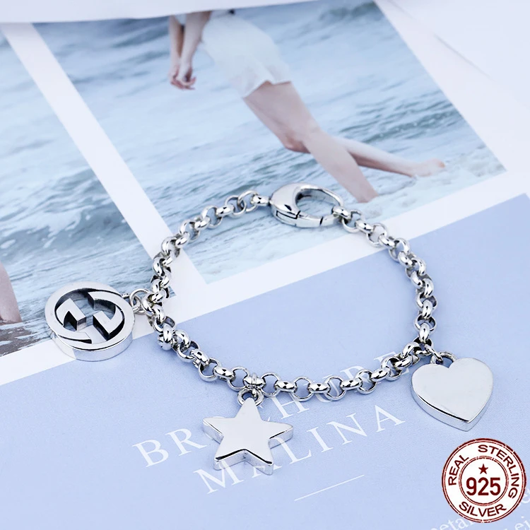 Браслет из стерлингового серебра 925 пробы, ювелирные изделия, простые ювелирные изделия, Ретро стиль, пятиконечная звезда, в форме сердца, простая форма, на День святого Валентина