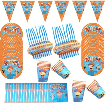 

90/110pcs Blippi Birthday Party Decoration Disposable Paper Cup Plates Banner Straw Balloon Blippi Kids Party Supply for 20 Kids