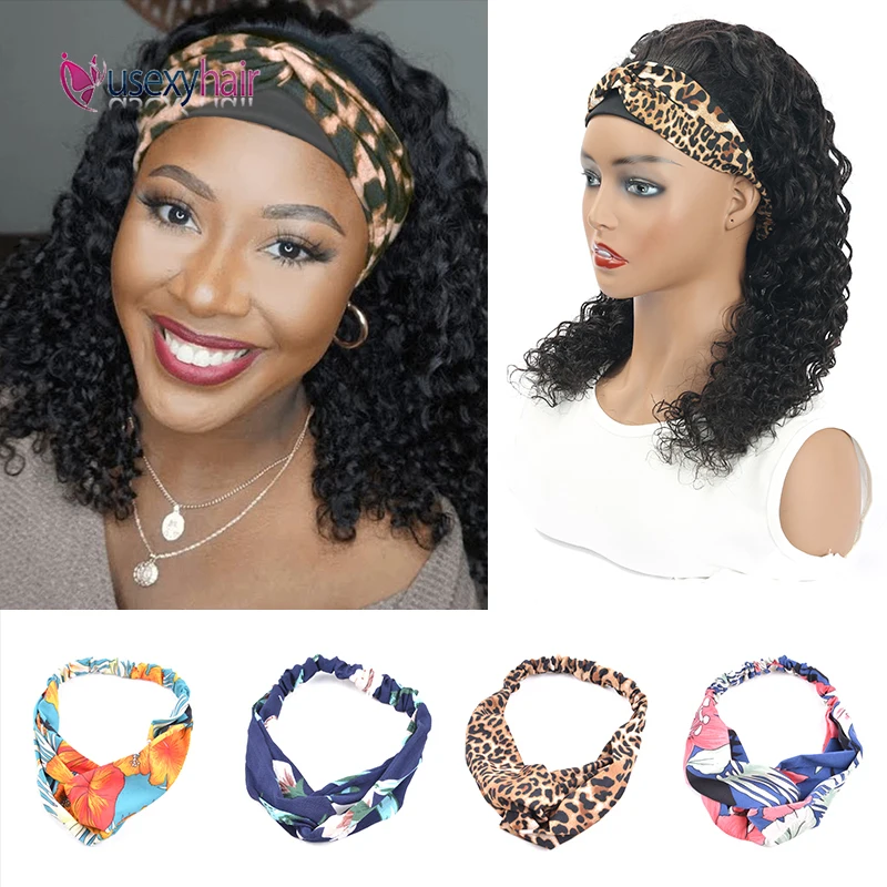 

Curly Headband Human Hair Wigs Brazilian Remy 100% Human Hair Scarf Headband Wig Full Machine Made Deep Wave Wig For Black Women