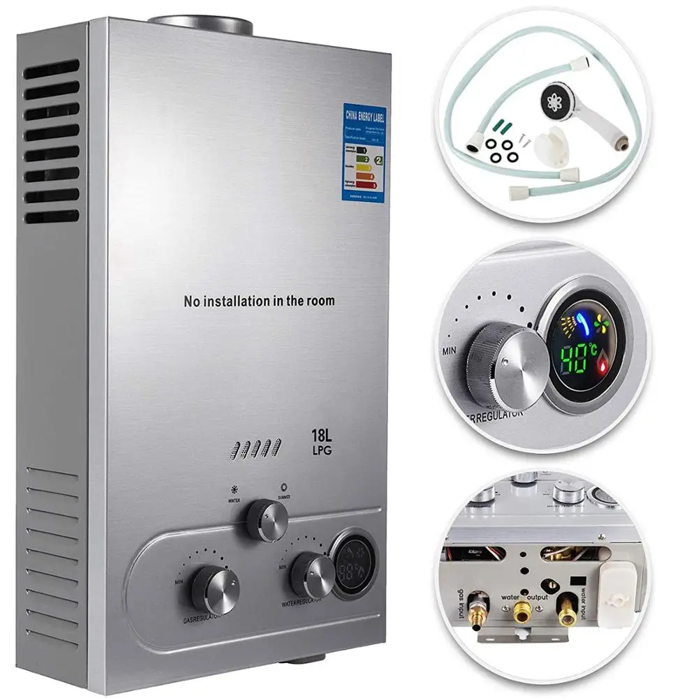 VEVOR Propane Gas LPG Tankless Hot Water Heater 6/8/10/12/16/18L 4.8GPM Stainless Steel Propane On-Demand Gas Water Heater afbeelding