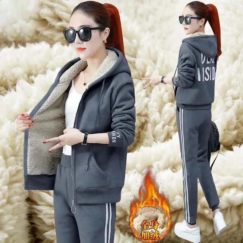 Winter Thicken Warm Lamb Wool Tracksuit Women Two Piece Set Casual Hooded Zip Up Sweatshirt Plus Velvet Pant Suit Loungewear