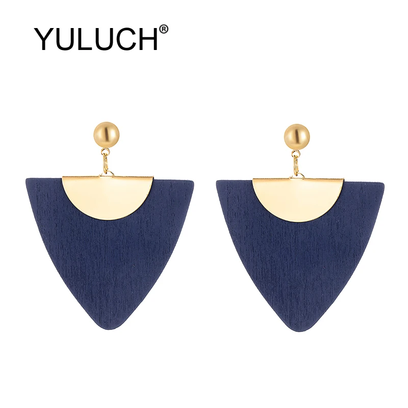 

YULUCH Ethnic African Indian Women Golden Metal Zinc Alloy Brown Blue Geometric Natural Wood Long Stud Earrings Fashion Jewelry