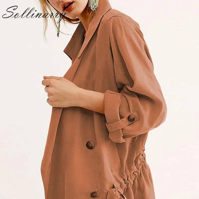 Sollinarry, уличная одежда, свободный женский плащ, осень, шнуровка, пуговицы, зимняя верхняя одежда, Женский Тренч с высокой талией, Ретро стиль